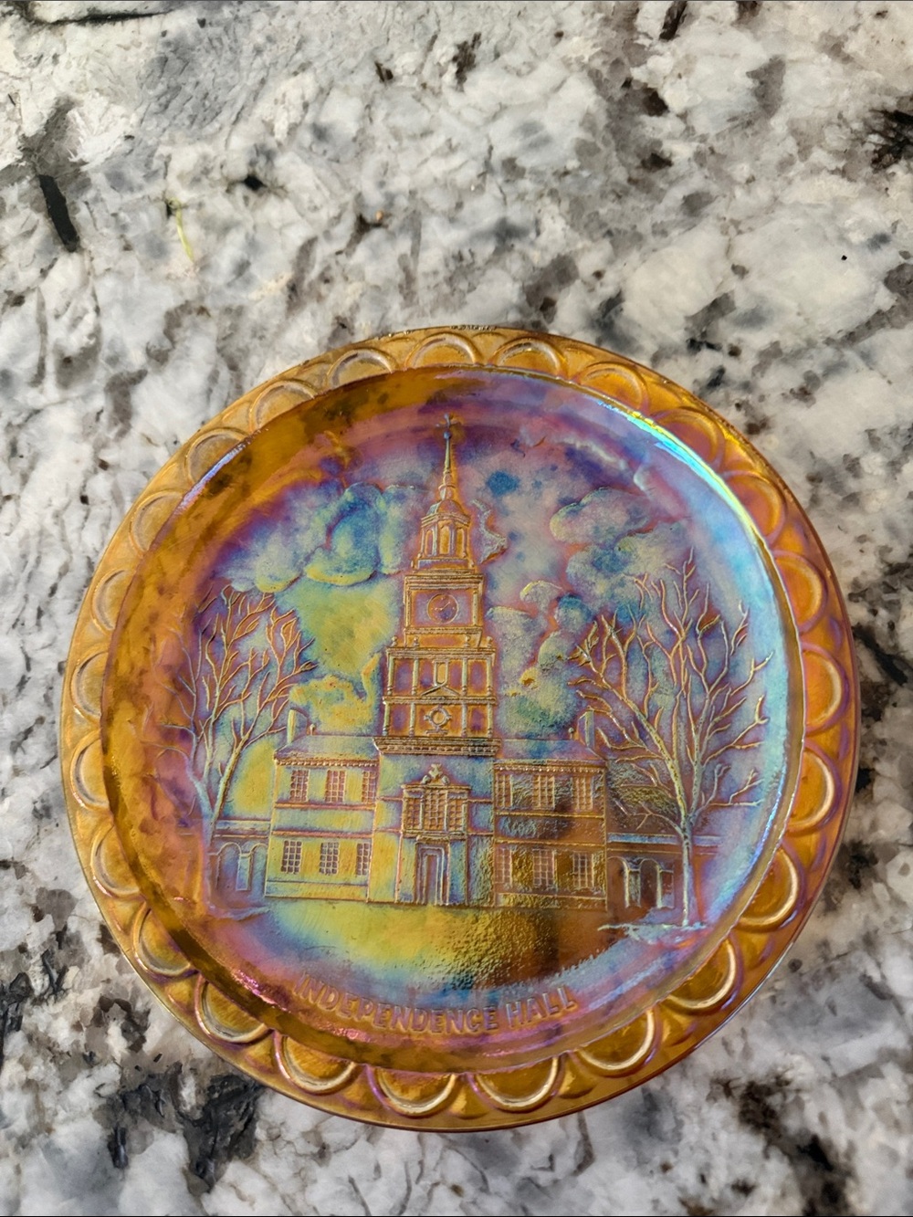 Iridescent Gold Carnival Glass Independence Hall Decorative Plate
